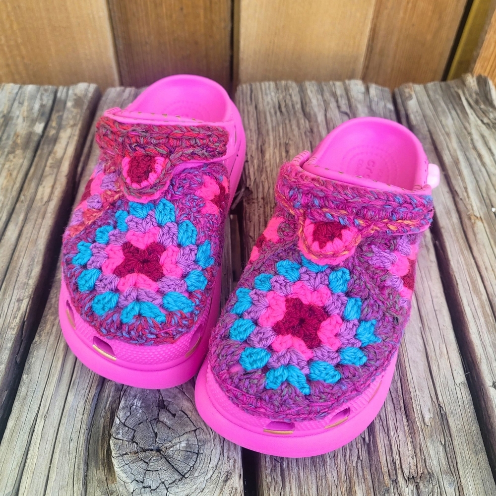 Custom Crocs – Pink Platform Crush Clog, Size 7 with Purple, Turquoise,